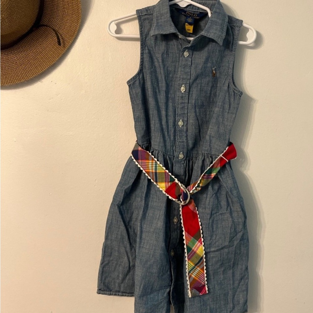 Ralph Lauren Girls' Sleeveless Chambray Dress with Plaid Belt - Blue